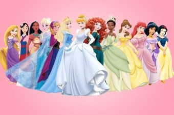 many disney princesses standing next to each other in their gowns