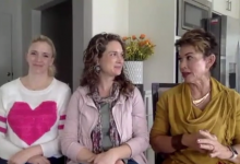 3 women sitting side by side talking to each other