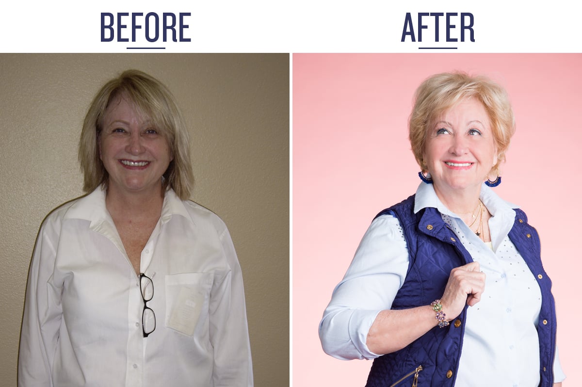 side by side, before & after picture of marcy, a woman over 50