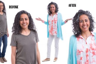 Before and after photo of women in gray clothes, and then her after with bright, colorful clothes for her Type