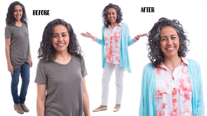 Before and after photo of women in gray clothes, and then her after with bright, colorful clothes for her Type