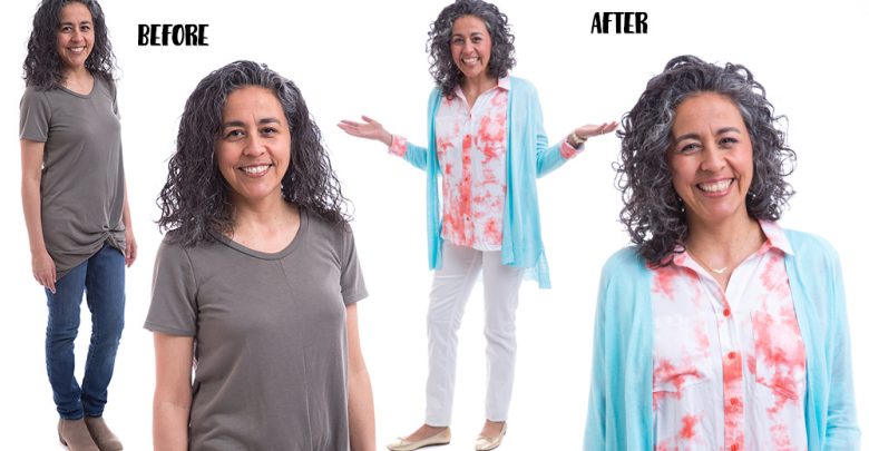 Before and after photo of women in gray clothes, and then her after with bright, colorful clothes for her Type