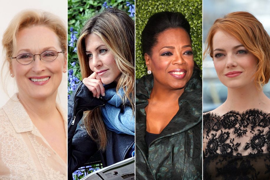 Which celebrity are you most like? Collage of Meryl Streep, Jennifer Anniston, Oprah, and Emma Stone