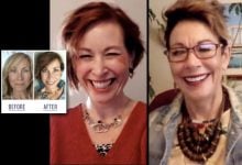 Split screen of Carol and guest