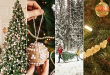 scenes of trees, decorating, and lights