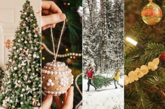 scenes of trees, decorating, and lights