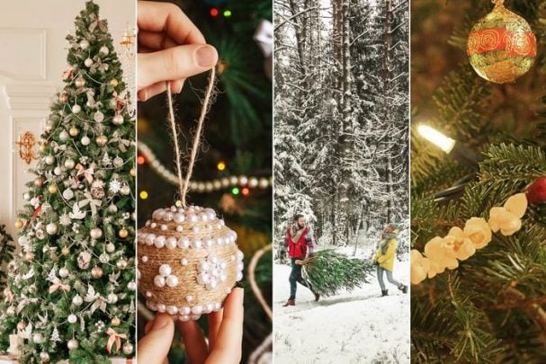 scenes of trees, decorating, and lights