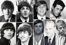 Black and white collage of The Beatles & Beach Boys