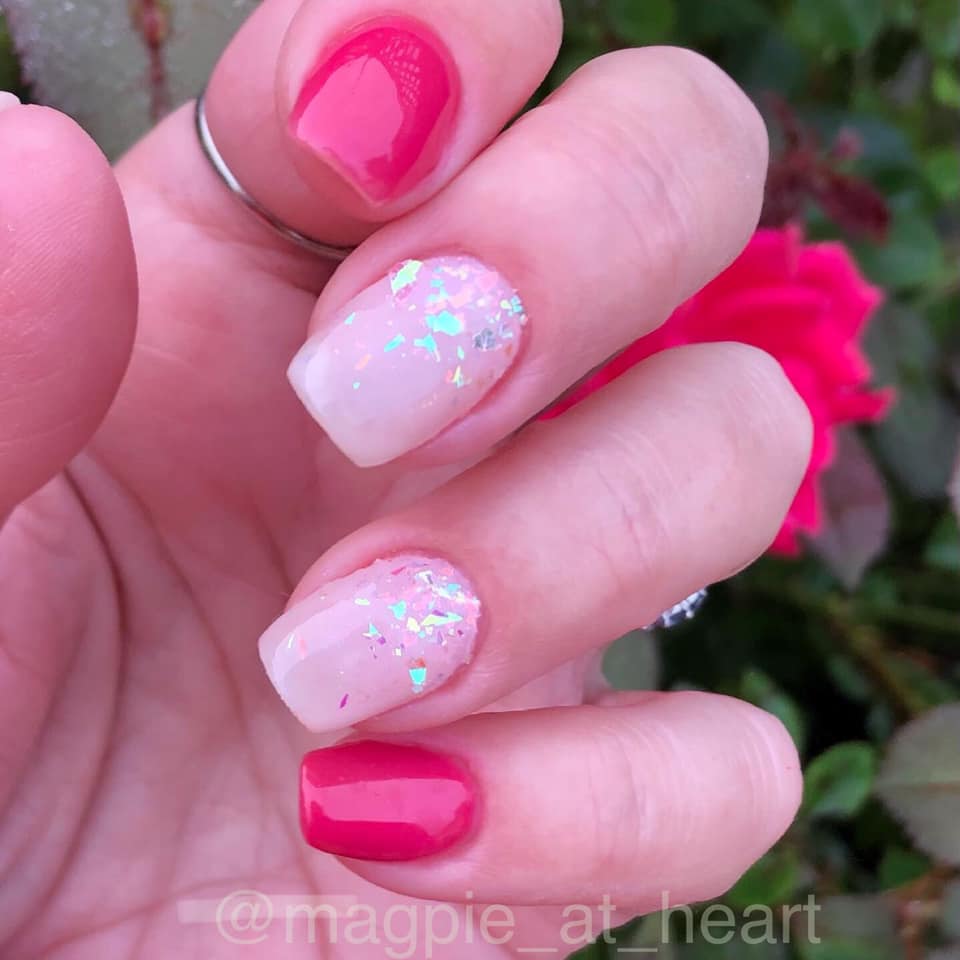 Pink Type 1 nails with glitter