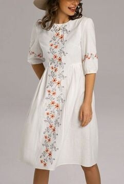 3/4 Length Sleeve Round Neck Cotton Embroidered Midi Dress