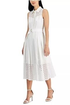 ANNE KLEIN Women's Linen-Blend Eyelet-Embroidered Belted Pleated Dress