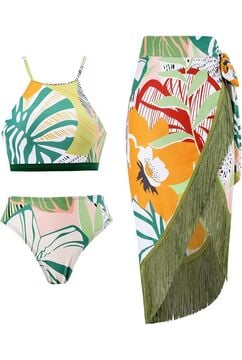IDOPIP Women's 3 Pieces Swimsuit Floral Printed Two Piece Bikini