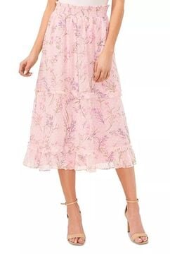 CECE Women's Floral-Print Smocked-Waist Tiered Midi Skirt