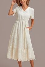 Cream Lace Short Sleeve V Neck Midi Dress With Pockets