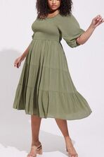 MIDI GAUZE OFF THE SHOULDER TIERED DRESS